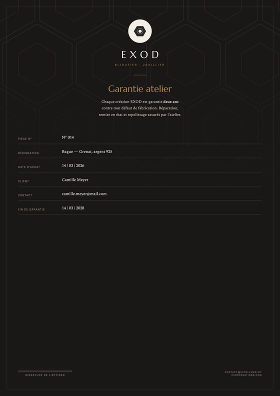 Certificat de garantie EXOD